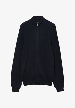 Marineblauer Rippstrickpullover mit hohem Kragen und durchgehendem Reißverschluss. Lange Ärmel und eng anliegende Bündchen, aus einem strukturierten, gestrickten Stoff gefertigt.