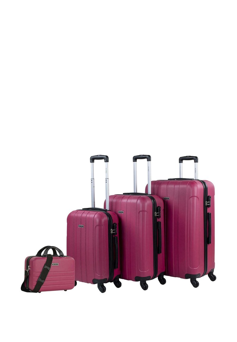 Juego de maletas de cuatro piezas en un vibrante color rosa con superficies texturizadas, acentos negros, asas retráctiles y cuatro ruedas para mayor movilidad.