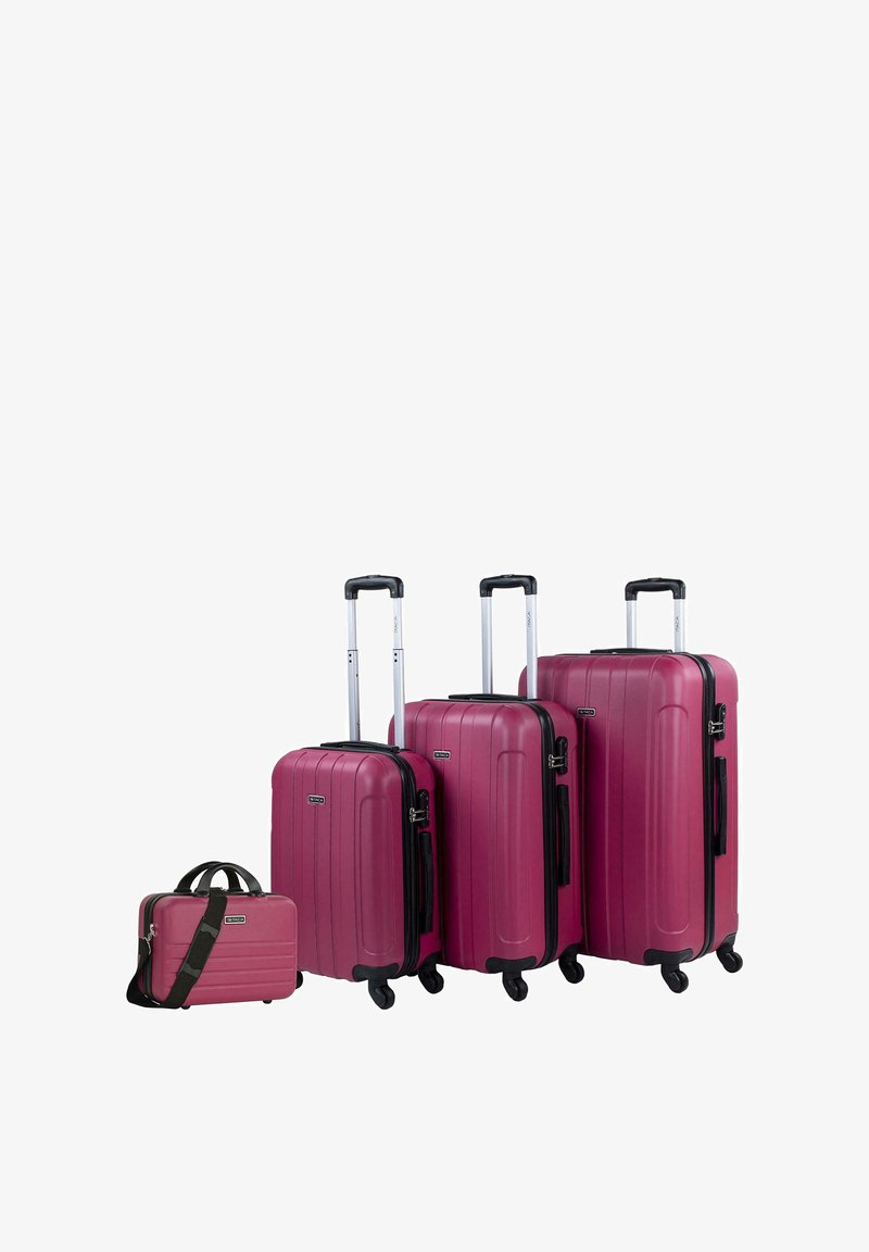 Juego de maletas de cuatro piezas en un vibrante color rosa con superficies texturizadas, acentos negros, asas retráctiles y cuatro ruedas para mayor movilidad.