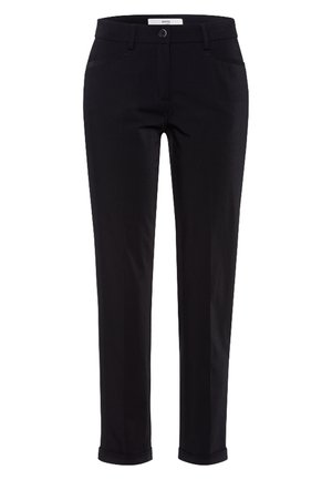Zwarte broek met een rechte pijpdesign, gemaakt van gladde stof. Beschikt over een sluiting met een knoop aan de voorkant, twee voorkzakken en minimalistische stikdetails.