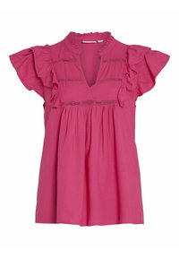 Rosa blus med volangärmar, djup V-ringning och framtill veck. Har dekorativa remsor över bröstet. Tillverkad av lätt material.