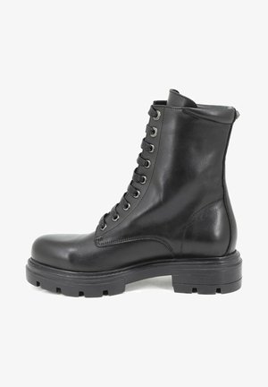 Stivale alla caviglia in pelle nera con un design alla moda, punta rotonda e suola in gomma spessa con finitura testurizzata e occhielli in metallo.