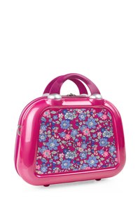 Pequeño bolso rosa brillante con doble asa y un panel frontal que presenta un patrón floral en azul, rosa y gris.