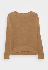 Maglione in maglia marrone con scollatura tonda, maniche lunghe, polsini in costina e orlo posteriore più lungo. Tessuto strutturato con un motivo a trama aperta.