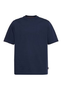 Tricou din bumbac bleu marin, cu guler rotund, mâneci scurte, o croială lejeră și un mic etichet pe partea stângă, aproape de tiv.