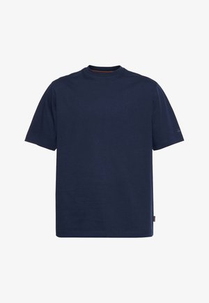 Marineblauwe katoenen t-shirt met een ronde hals, korte mouwen, een comfortabele pasvorm en een klein label aan de linkerkant nabij de zoom.