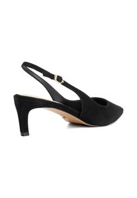 Black suede slingback shoe with a pointed toe and a 2.5-inch heel. Features a gold-tone buckle detail on the strap. Smooth inner lining.