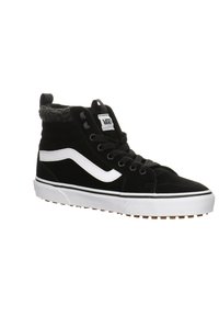 Zapatillas altas de ante negras con detalles en blanco, forro de lona, suela de goma y acolchado en el cuello, que presentan el logo clásico de Vans.