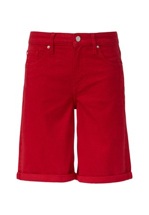 Czerwone dżinsowe szorty o klasycznym kroju, z przednimi kieszeniami i zawiniętym dołem. Posiadają metalowe zapięcie na guzik i szlufki na pasek.