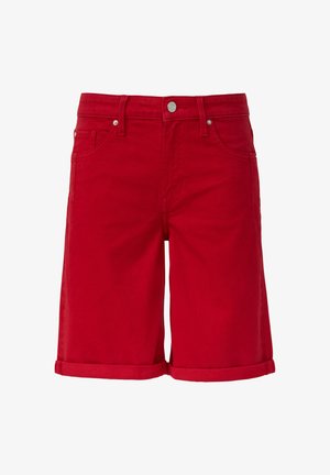 Czerwone dżinsowe szorty o klasycznym kroju, z przednimi kieszeniami i zawiniętym dołem. Posiadają metalowe zapięcie na guzik i szlufki na pasek.