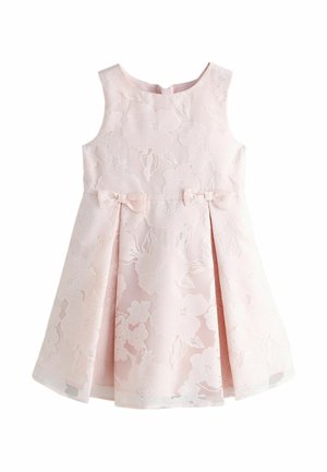 Sleeveless pale pink floral dress with two small bows at waist and pleated skirt, designed for a child.