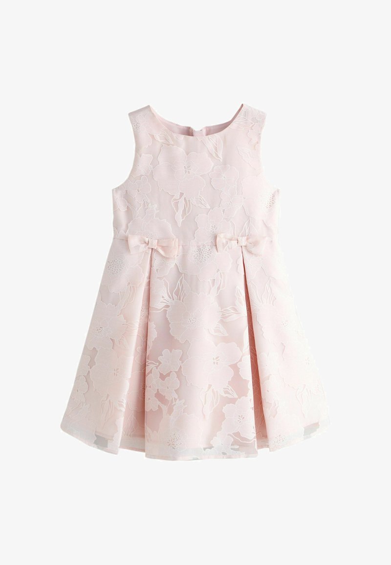 Robe sans manches rose pâle à motif floral avec deux petits nœuds à la taille et jupe plissée, conçue pour un enfant.