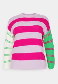 Mönstrad stickad tröja i flera färger med rosa, lila, vit, grön och randiga mönster. Långa ärmar med distinkta färgsegment. Lättviktsmaterial.