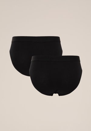 Set de lenjerie neagră din bumbac, cu un design fără cusături, talie elastică și textură netedă. Include două mărimi afișate una peste alta.