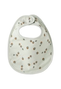 Light beige baby bib with snap closure, decorated with small brown acorns and green oak leaves pattern.