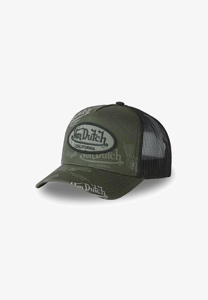 Casquette de baseball en mesh vert olive et noir avec un patch logo "Von Dutch California" et une marque imprimée sur le devant et la visière.