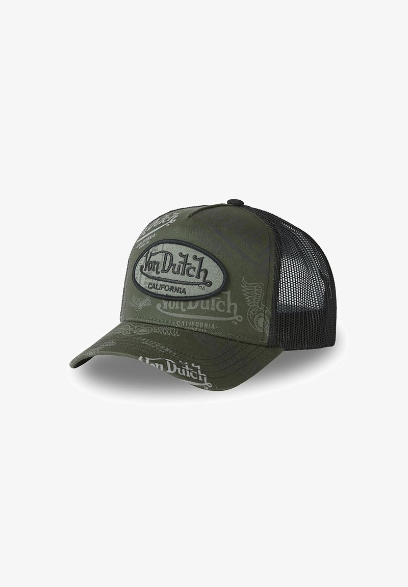Casquette de baseball en mesh vert olive et noir avec un patch logo "Von Dutch California" et une marque imprimée sur le devant et la visière.