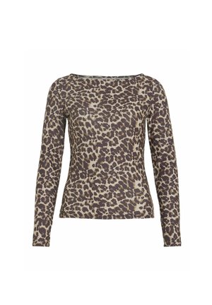 Long-sleeve top featuring a leopard print design in shades of brown on a beige background. Made from soft, lightweight fabric.