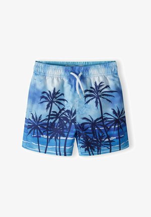 Plavalne hlače z modrim gradientom in printom palmov v temnejši modri barvi, elastični pas z vrvico in gladka tekstura tkanine.