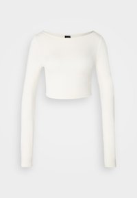 Crop top cu mânecă lungă, realizat dintr-un material elastic alb, cu o decolteu larg și o textură netedă. Fără modele vizibile sau detalii din metal.