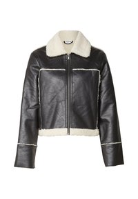 Giacca corta in pelle nera con collo e bordi in shearling bianco, dotata di una zip frontale e maniche lunghe con polsini dritti.