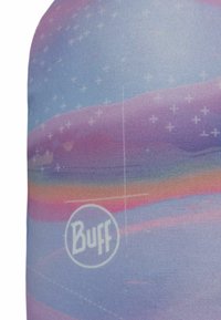 Multicolored Buff neckwear featuring a gradient of pastel blue, pink, and purple with abstract patterns and a white logo at the bottom.