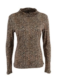 Top de manga larga con estampado de leopardo y cuello drapeado, confeccionado en una tela elástica y suave en tonos de marrón y negro.