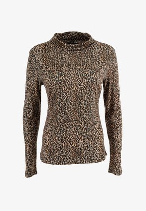 Top à manches longues imprimé léopard avec un col bénitier, en tissu extensible et doux dans des nuances de marron et de noir.