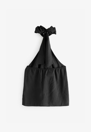 Sort halterneck-top med et bånd om halsen, elastisk talje og glat, letvægtsstof med en afslappet pasform.