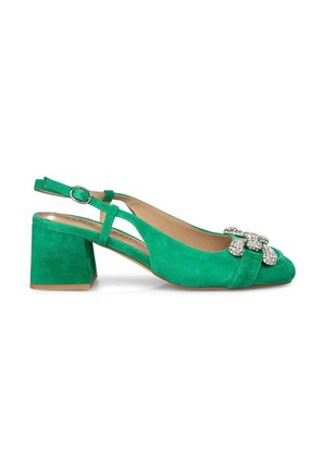 Botte slingback en daim vert avec un talon bloc, un bout pointu et des détails décoratifs en rhinestones à l'avant. Sangle ajustable pour un meilleur ajustement.