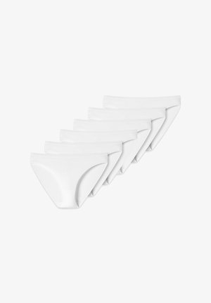 Six pairs of plain white women's bikini-style underwear arranged in a staggered row on a white background.