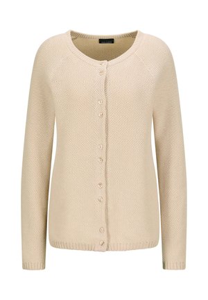 Beige gestrickte Strickjacke mit langen Ärmeln, runder Halslinie und sieben vorderen Knöpfen, die ein strukturiertes Muster aufweist.