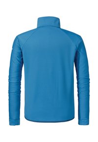 Blauer Langarmmantel mit hohem Kragen, strukturiertem Stoff und tailliertem Design mit Raglanärmeln, ideal für aktive Freizeit.