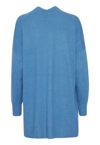 Pull bleu en maille à manches longues avec épaules tombantes et poignets et ourlet côtelés, vu de dos.