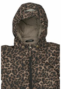 Braun gepunktete Leopardenjacke mit Kapuze, ausgestattet mit einem Reißverschluss vorne, Druckknöpfen und weichem Fleece-Futter innen.