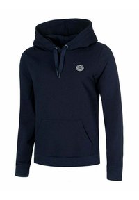 Felpa con capuccio blu navy realizzata in tessuto morbido, con tasca frontale, cappuccio regolabile con cordino e un piccolo logo circolare sul petto.