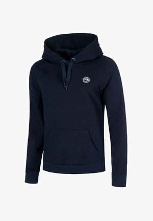 Hoodie bleu marine en tissu doux, avec une poche avant, un capuchon réglable par cordon et un petit logo circulaire sur la poitrine.