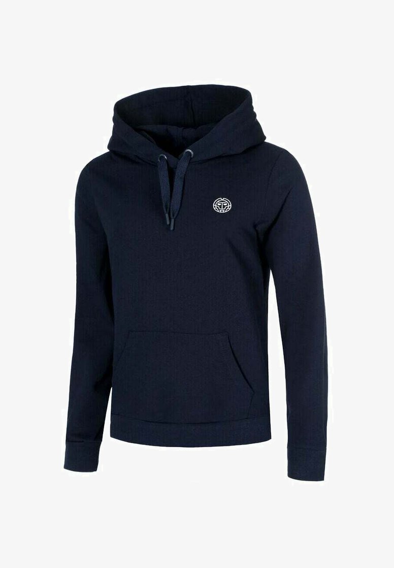 Felpa con capuccio blu navy realizzata in tessuto morbido, con tasca frontale, cappuccio regolabile con cordino e un piccolo logo circolare sul petto.