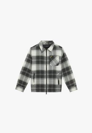 Black and white plaid zip-up jacket with a collar, front pockets, and a chest pocket featuring a small yellow logo. Cotton material.