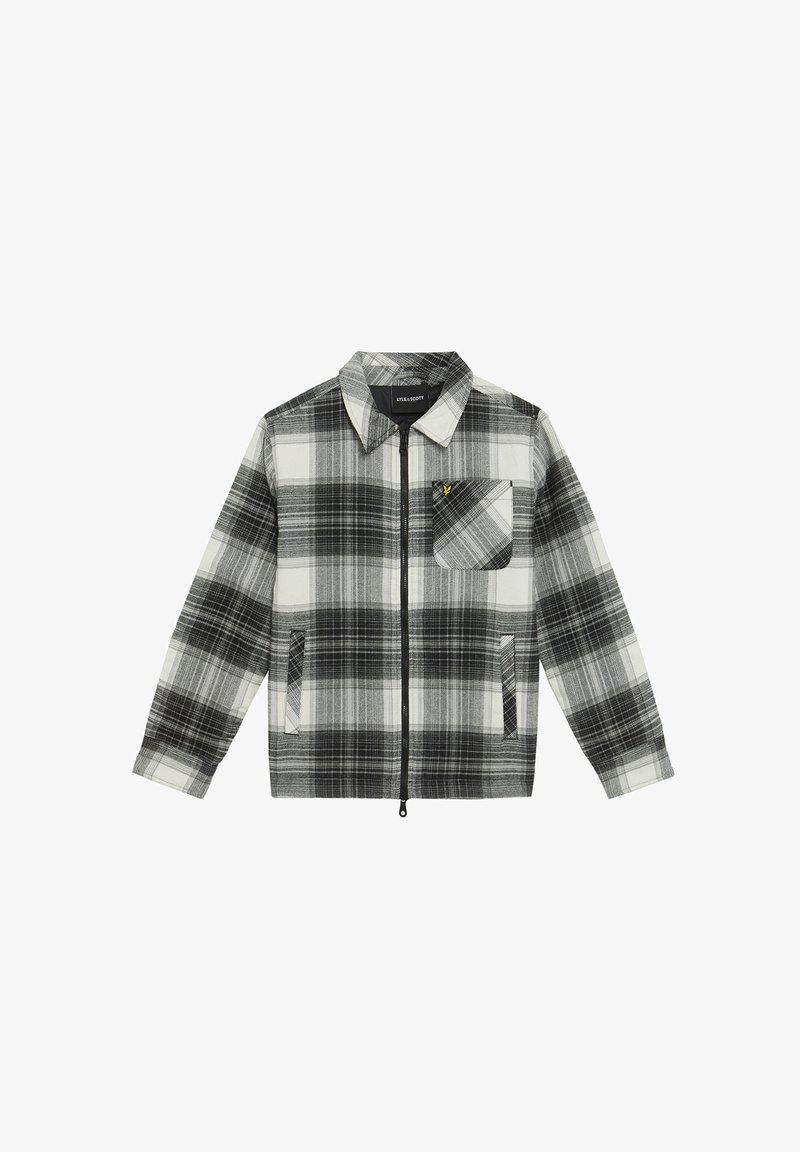 Schwarz-weiße karierte Zip-Jacke mit Kragen, Fronttaschen und einer Brusttasche mit einem kleinen gelben Logo. Baumwollmaterial.