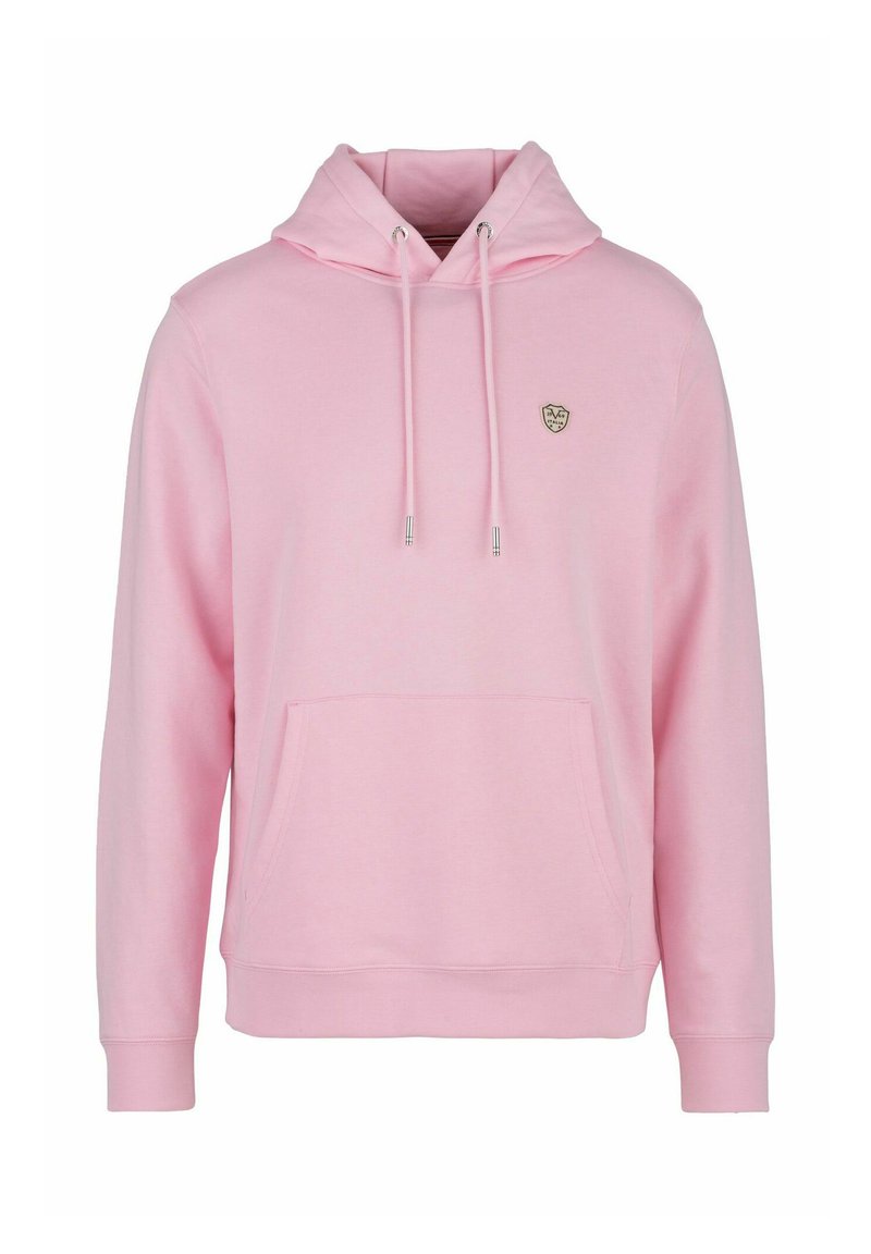 Der pinke Hoodie verfügt über eine Kapuze mit Kordelzug, eine Fronttasche, gerippte Säume und Bündchen. Er besteht aus weichem Stoff und hat ein kleines Logo-Patch auf der Brust.
