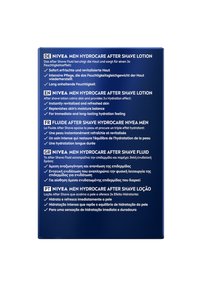 Blauer rechteckiger Kasten mit Text in mehreren Sprachen über Nivea Men Hydrocare After Shave Lotion. Glatte matte Oberfläche, keine Bilder oder Grafiken.