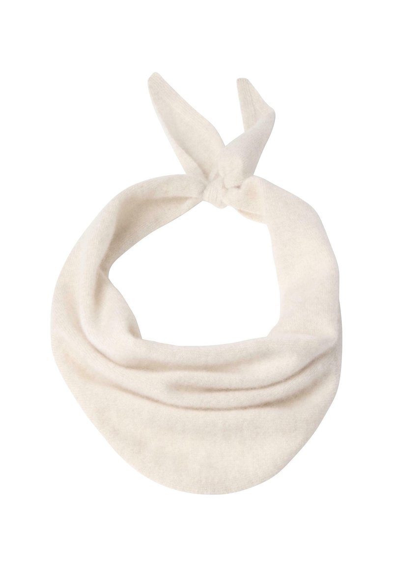 Vit mjuk tygbandana med en knut knuten på toppen, utformad som en halsaccessoar eller huvudduk.