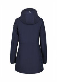 Mörkblå lång kapuschongjacka med långa ärmar, skräddarsydd midja och liten logotyp på huvan, sedd bakifrån på vit bakgrund.