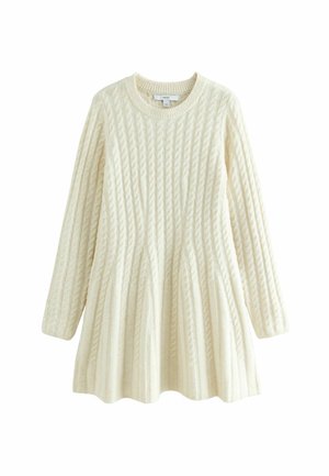 Strickkleid in Creme mit langen Ärmeln, Rundhalsausschnitt, Zopfmuster, ausgestelltem Saum und geripptem Strukturübergang.