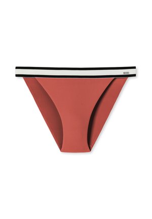 Parte inferior de bikini roja con relieve y una amplia cinturilla a rayas negras y blancas. Presenta una tela suave y un diseño de corte triangular.