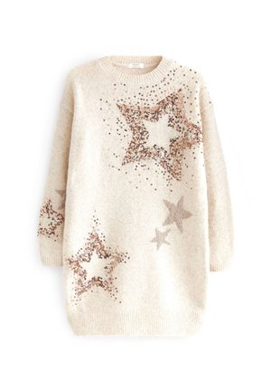 Kremfarvet, strikket langærmet sweaterkjole med ribstrikkede manchetter og kant, med store og små stjerner af rosagul palietter.