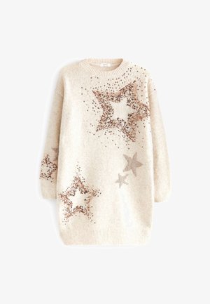 Robe pull en maille crème à manches longues avec poignets et ourlet côtelés, présentant de grands et petits motifs d'étoiles en sequins dorés rose.