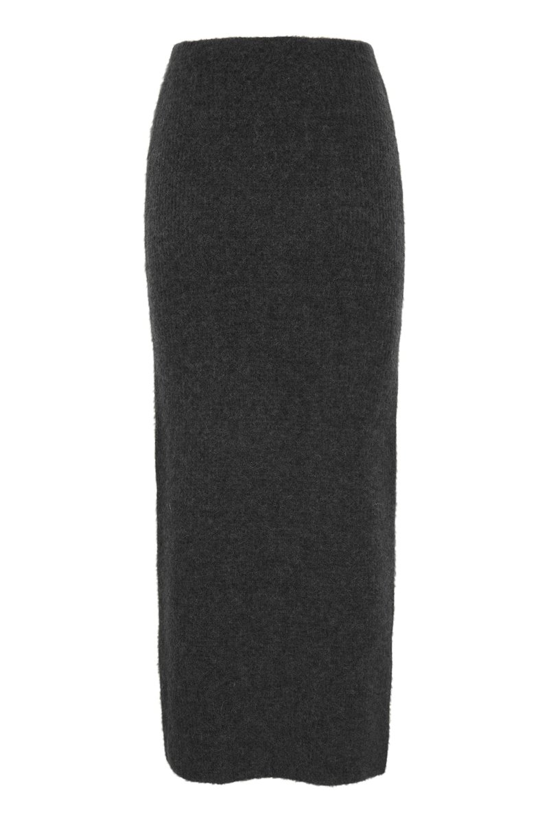 Gonna a matita in lana lavorata a maglia di colore grigio scuro. Presenta una vita alta e una silhouette aderente, con una texture morbida e un orlo dritto.
