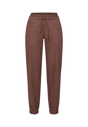 Braune gerade geschnittene Hose mit elastischem Bund und Bündchen, ausgestattet mit einem Kordelzug und einer Seitentasche, auf weißem Hintergrund.